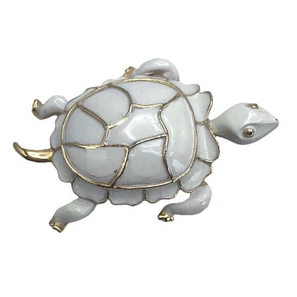 Vintage Turtle Enameled Brooch Pin White Gold 2 Inch - Picture 2 of 3
